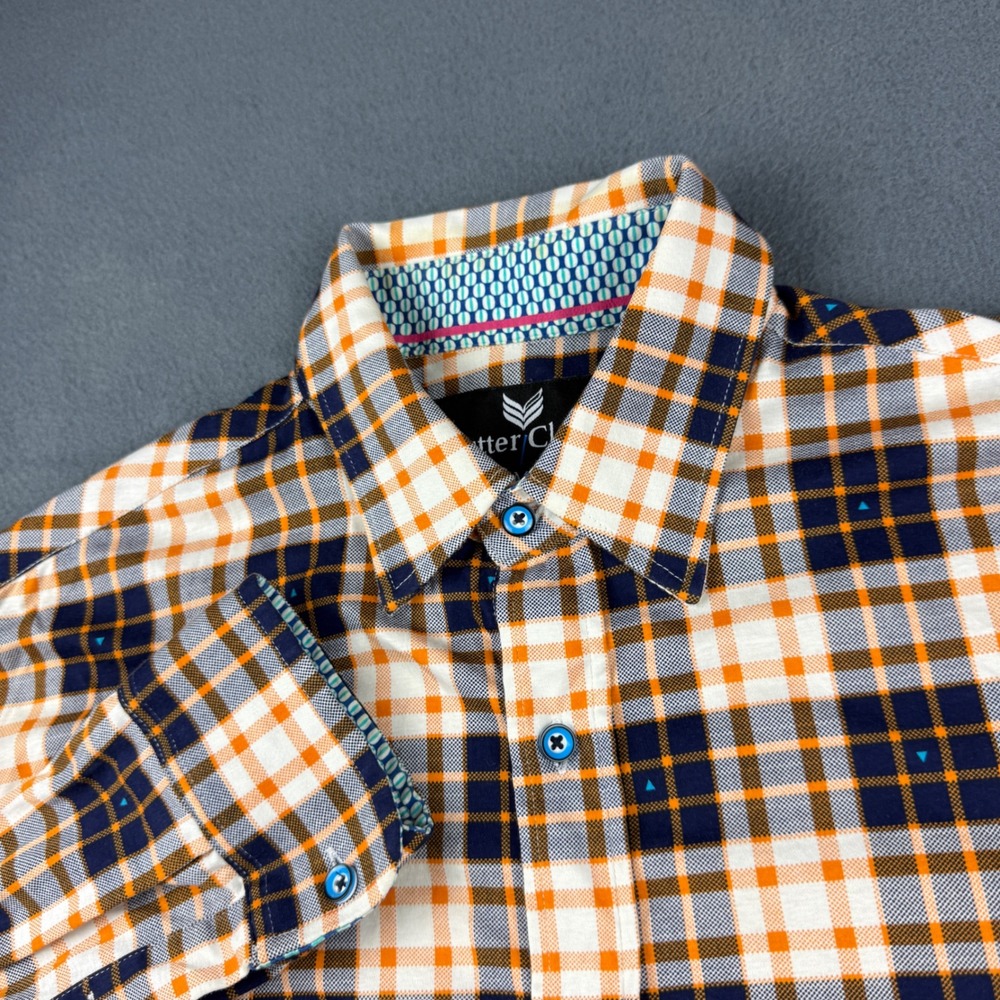 Butter Cloth Shirt Mens M Orange Blue Plaid Long Sleeve Button Up Stretch Casual